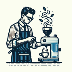 Barista Brewing Coffee with Espresso Machine Vector Logo