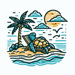 Tropical Island Scene with Relaxing Turtle Vector Mascot Logo