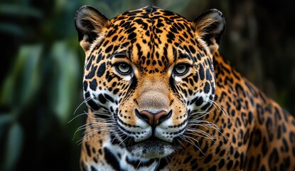Obraz premium Close-up of a jaguar's face, intense gaze, spotted coat, wildlife portrait