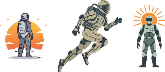 Astronauts in Space Suits Vector Illustration Set