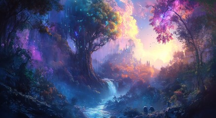 A vibrant colorful fantasy forest scene showing nature and imagination