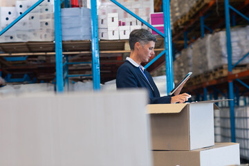 Businessman using tablet checking inventory in large warehouse with shelves, copy space