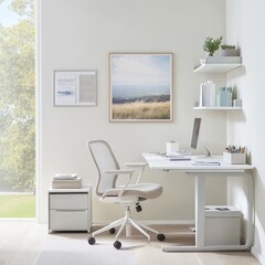 Modern White Office Desk and Chair with Mesh Shelves (Natural Light, Landscape Canvas, Cream Armchair, Stationery Box)