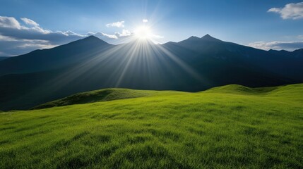 Fototapeta premium Majestic mountain vista at sunrise, vibrant green meadow