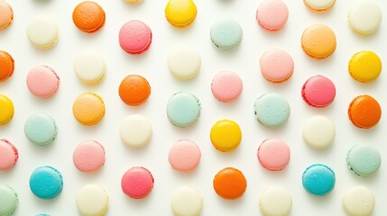 Colorful macarons arranged on white background, overhead shot, for food blog or recipe