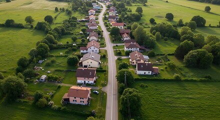 Aerial View of Charming European Village with Green Fields and Road