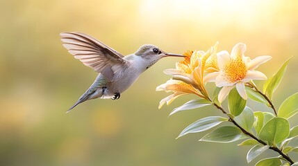Naklejka premium Hummingbird approaches colorful flower in nature's spring setting captivating flora scene