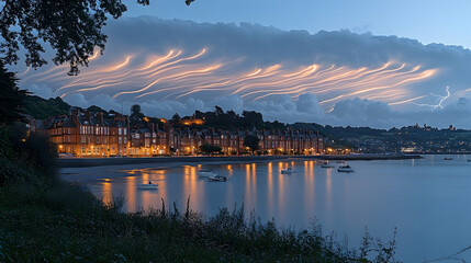 Obraz premium Coastal town at dawn with ethereal light streaks