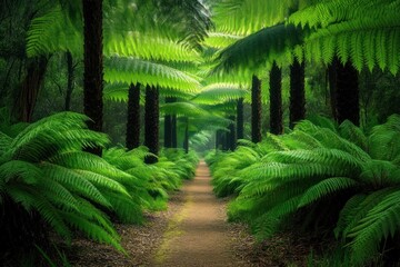 Obraz premium A lush green pathway winds through a dense fern tree forest