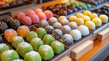 Colorful mochi sweets display, Japanese shop, delicious treats, background blurred