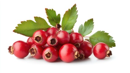 Fresh red berries with leaves.  Cluster of vibrant, small, round, red berries, nestled together with fresh green leaves.  Perfect for showcasing fresh, healthy, and natural produce