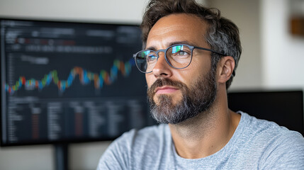 Obraz premium Focused entrepreneur analyzing data trends computer screen, showcasing determination and insight