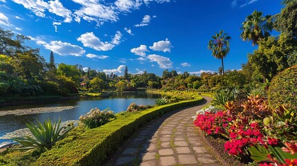 Serene Garden Path by a Sparkling Lake Under a Summer Sky