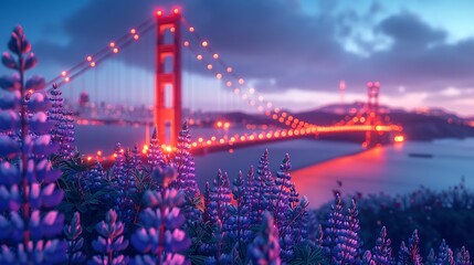 Vibrant sunset view of the Golden Gate Bridge framed by colorful flowers in the foreground