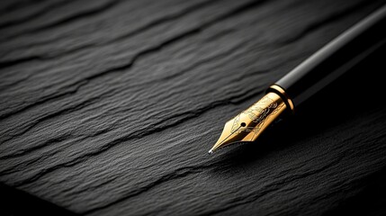 Close-up of elegant black fountain pen with gold nib on dark slate surface.