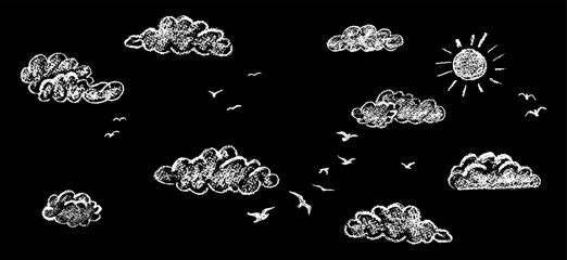 Cute cloudy sky with sun and silhouette of a flock of birds. Abstract navi background, element of kindergarten bedroom decoration. Vector illustration like kid drawing by white wax pencil