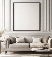 Blank frame mockup above beige sofa in elegant room.