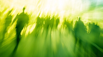 Blurred city crowd rushing, green light, urban motion, background light streaks, business concept