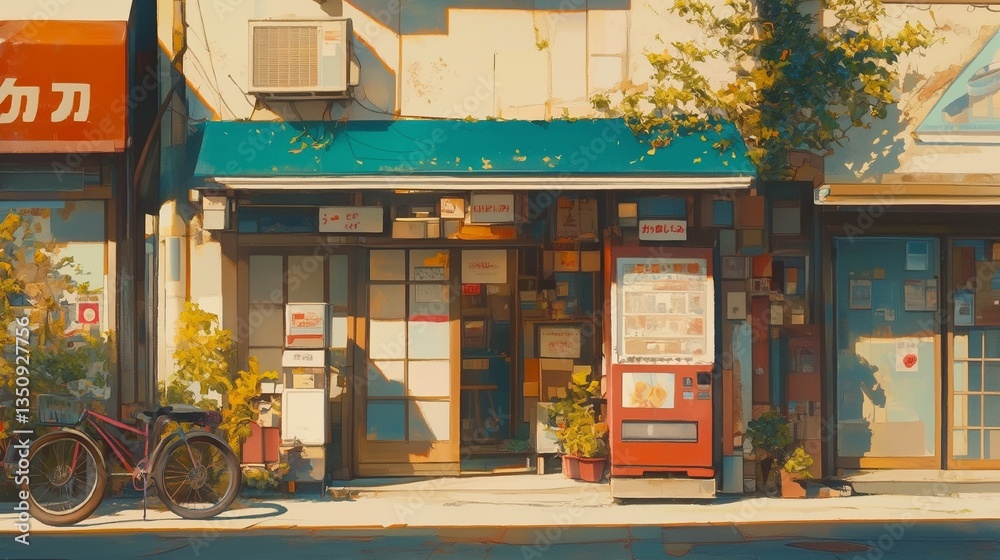 Fototapete 昭和の香り漂う日本の街並み風景 食堂の前に立つ人物と並ぶ自転車、植木が印象的な優しい色合いの夕景イラスト 商店街背景素材 ノスタルジー