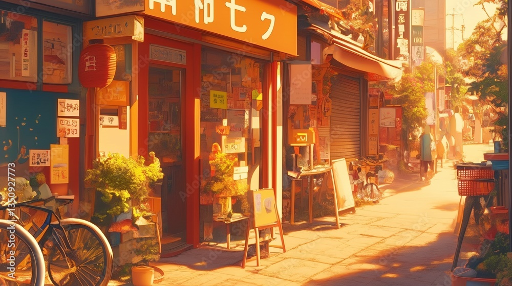 Fototapete 夕暮れに染まる昭和レトロな商店街 食堂の前に並ぶ自転車と観葉植物がノスタルジーを演出する日本の街角風景 背景用にも適したイラスト素材