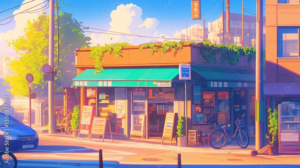 Fototapete 日本の昭和レトロな商店街 食堂と赤信号、通りに並ぶ自転車と植木が温かく描かれた夕暮れの街角風景 イラスト素材として活用しやすい一枚