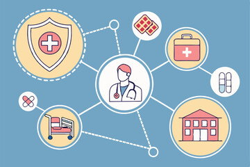 46 Medical icons, wooden circles, shield symbol, doctor silhouette, heartbeat, hospital bed, first aid kit, medication, blue background, healthcare concept, minimalist design, clean layout, organized 