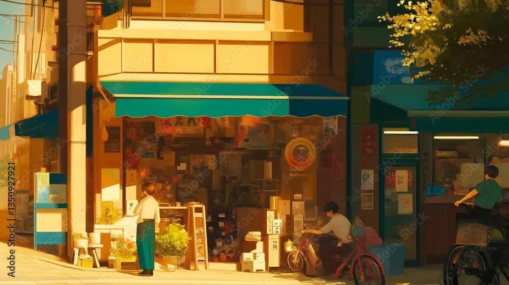 Fototapete 夕暮れの光が差し込む昭和レトロな日本の食堂街の風景 昔ながらの店構えと自転車、緑の植物が作り出す温もりあるイラスト 素材として使いやすい下町背景