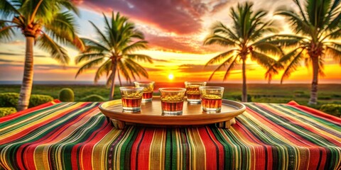 Tropical Sunset Relaxation  Golden Hour Drinks on a Vibrant Striped Tablecloth