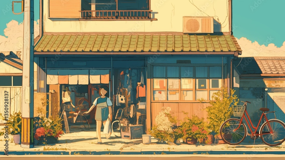 Fototapete 夕暮れに包まれた昭和レトロな雑貨店の店先 赤い自転車と猫と鉢植えが並ぶ懐かしい日本の商店街風景 イラスト素材 ノスタルジーに満ちた背景に最適