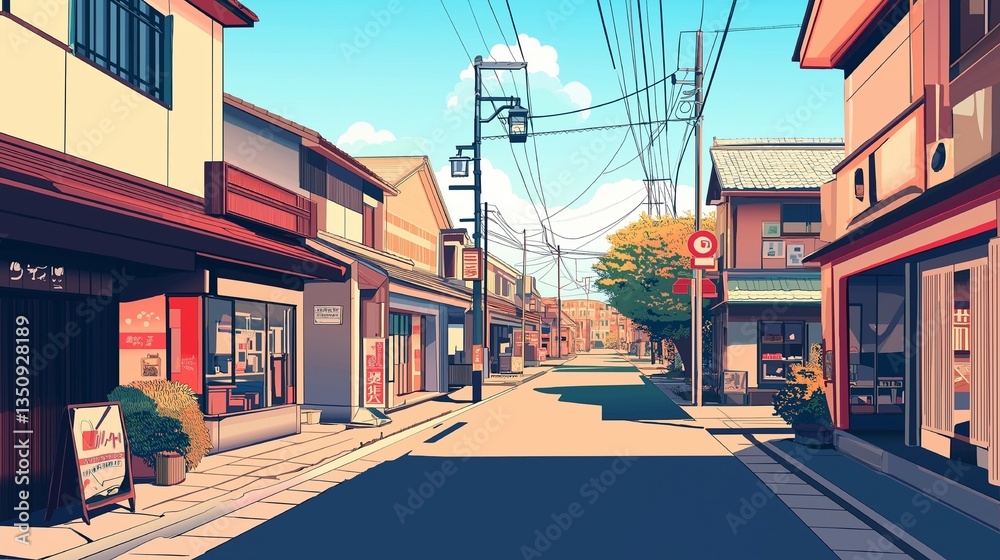 Fototapete レトロな雰囲気漂う日本の商店街 商店の前で佇む猫と赤い自転車 夕暮れの光が優しく照らす昭和の風景 ノスタルジックなイラスト 背景素材にも使える