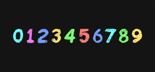 Colorful numbers 0-9, hand-drawn in a wax crayon or pastel style. Highlighter effect on a board, perfect for kindergarten drawing, learning materials, and creative educational projects. Vector