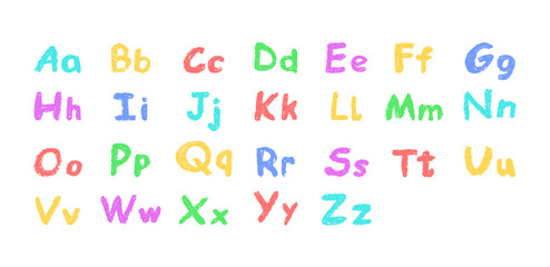 Colorful English alphabet hand-drawn in a crayon. Capital and lowercase letters in chalk, pastel, or wax style. Highlighter effect on board for kindergarten drawing and learning. Vector illustration.