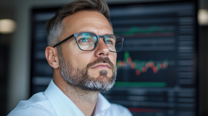 Focused business professional analyzing data trends with thoughtful expression