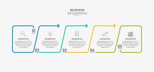 Business infographic thin line process with square template design with icons and 5 options or steps.