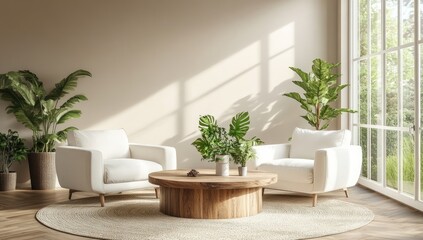 Modern, light-filled living room with comfortable seating and lush greenery