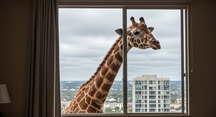 Obraz premium Giraffe Peeking Through Hotel Window with Cityscape View Behind