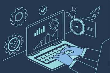 47 business professional, laptop, holographic icons, digital interface, productivity symbols, glowing blue light, futuristic technology, office workspace, virtual management, strategy planning, team c