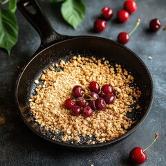 A dark skillet filled with a golden-brown crumble topping and sweet cherries. The rustic setting enhances the simple yet delicious dessert.
