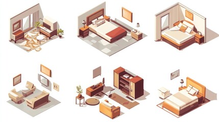 Isometric illustration of various room designs, showcasing bedrooms, living spaces, and home offices with neutral color palettes and modern furniture.