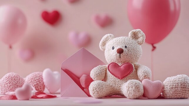 Adorable knitted teddy bear with a heart, surrounded by pink hearts and balloons. Perfect for Valentine's Day or a romantic gift. - Powered by Adobe
