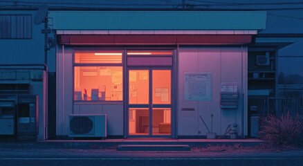 A Small Illuminated Building Facade Illuminated At Dusk Shows Neon Tones