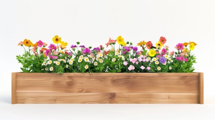 A rectangular wooden planter box filled with colorful flowers, isolated on a clean white background.