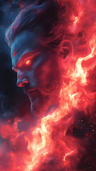 dramatic anime villain with glowing red eyes and fiery background, exuding power and intensity