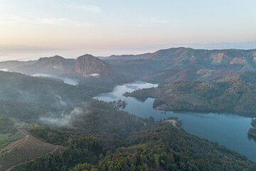 Mountain view on Doi Chang, Chiang Rai Province, northern Thailand at the beginning of the rainy season.
