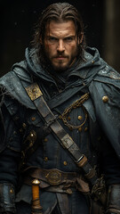 fierce warrior dressed in dark, weathered armor stands confidently, showcasing intricate details and strong presence