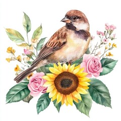A watercolor painting of a sparrow perched amidst sunflowers and roses. The delicate details and soft colors create a serene and beautiful image.
