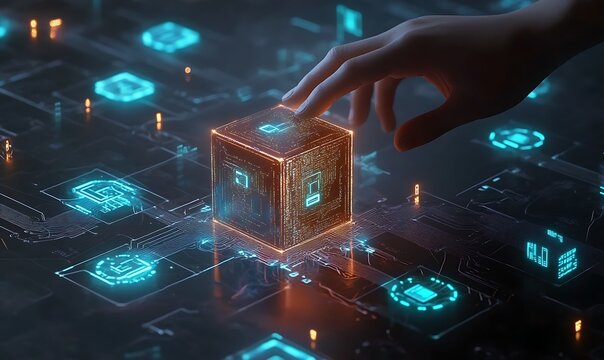  Cybersecurity circuit interaction with glowing cube. Hand interacting with glowing cube and network circuit representing data security and technological .