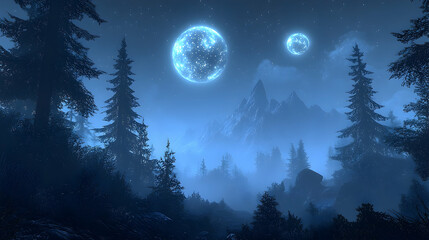Misty mountain night, glowing moons