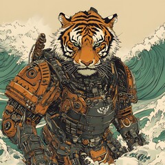 Obraz premium tiger with samurai armor in front of Japanese style waves 