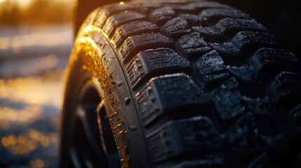 Close-up of a tire tread covered in frost, bathed in the warm glow of sunrise.  The texture and detail are stunning.